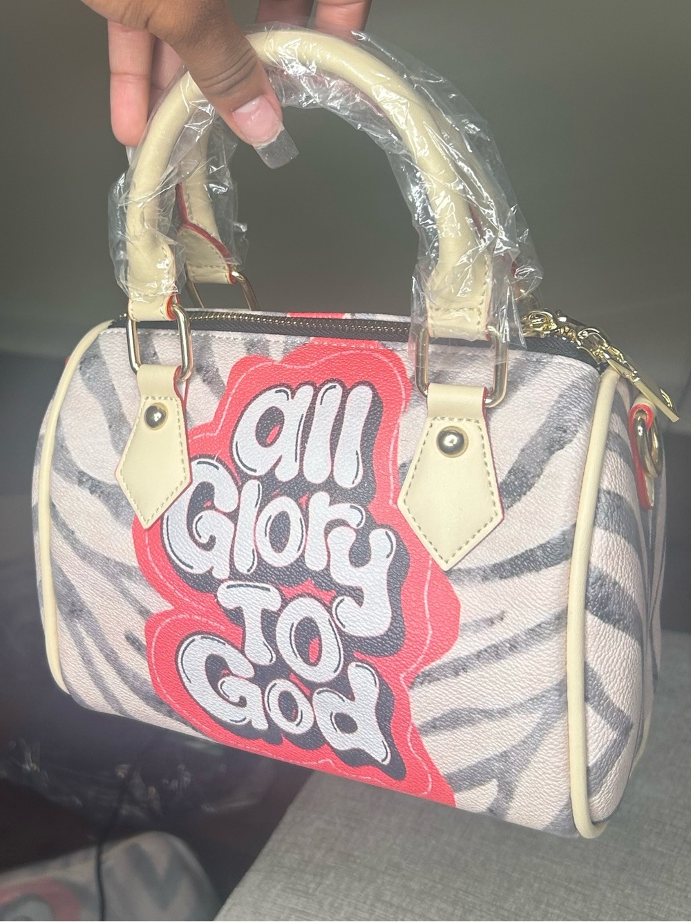 All Glory To God Zebra Print Satchel Handbag - Cream & pink